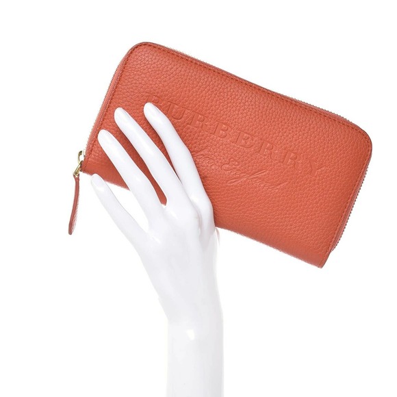 $575 BURBERRY LONDON ZIP AROUND LOGO ORANGE PEBBLED LEATHER CLUTCH WALLET - Picture 4 of 10